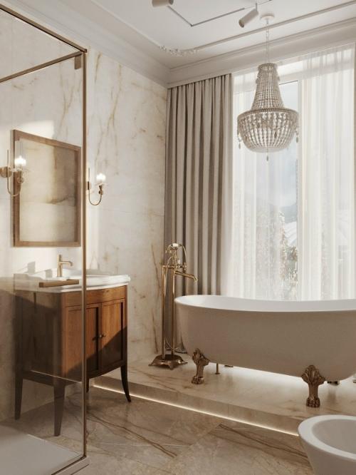 Интерьер ванной комнаты выполнен в элегантном классическом стиле с современными нотками. 02