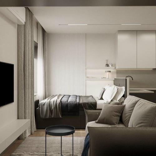 Современный проект квартиры - студии 28 м 2. строгий монохромный интерьер для девушки - студентки. 02