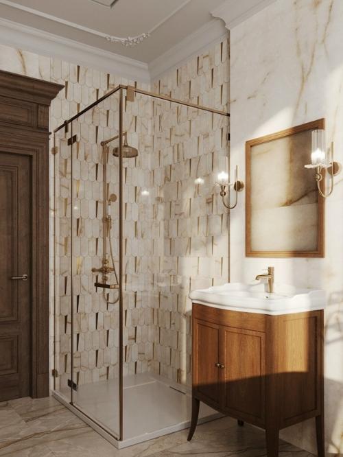 Интерьер ванной комнаты выполнен в элегантном классическом стиле с современными нотками. 01