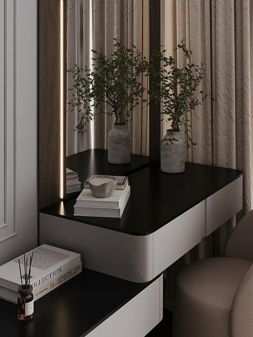 Интерьер спальни выполнен в современном стиле с элементами классики. 02