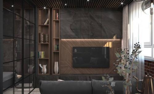 Темный лофт - интерьер квартиры - студии площадью 38. 02