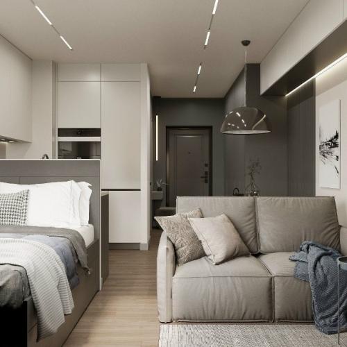 Современный проект квартиры - студии 28 м 2. строгий монохромный интерьер для девушки - студентки.  