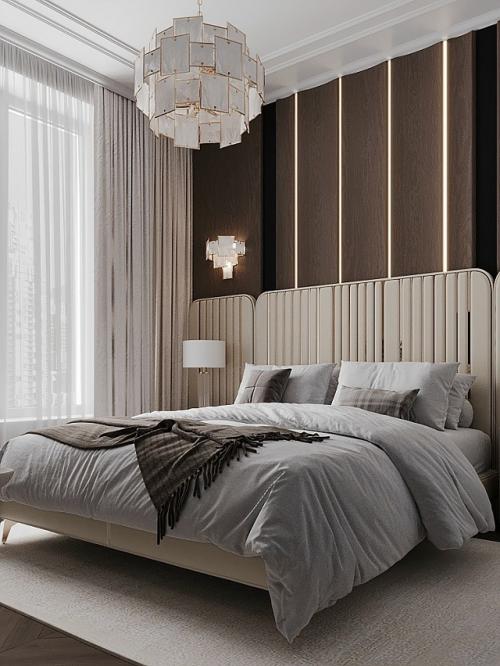 Интерьер спальни выполнен в современном стиле с элементами классики. 06