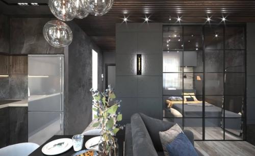 Темный лофт - интерьер квартиры - студии площадью 38. 03