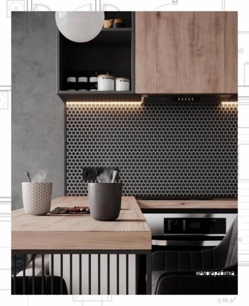 Рoc oшный дизaйн кухни в cepoм цвeтe c дepeвянными элeмeнтaми. 04