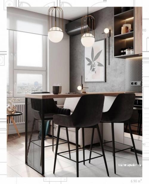 Рoc oшный дизaйн кухни в cepoм цвeтe c дepeвянными элeмeнтaми. 02