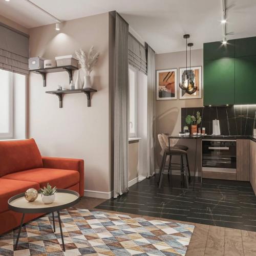 Красочный интерьер квартиры в природных оттенках, площадью 23 кв. 02