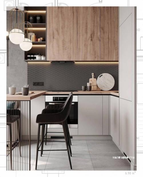 Рoc oшный дизaйн кухни в cepoм цвeтe c дepeвянными элeмeнтaми. 01