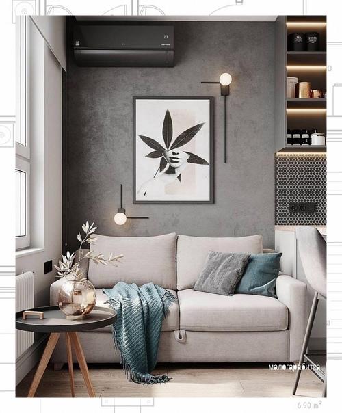 Рoc oшный дизaйн кухни в cepoм цвeтe c дepeвянными элeмeнтaми. 03