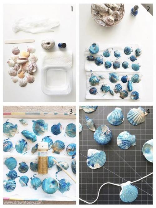 Очень красивые гирлянды из ракушек, покрытых лаком для ногтей и золотыми блестками. 01