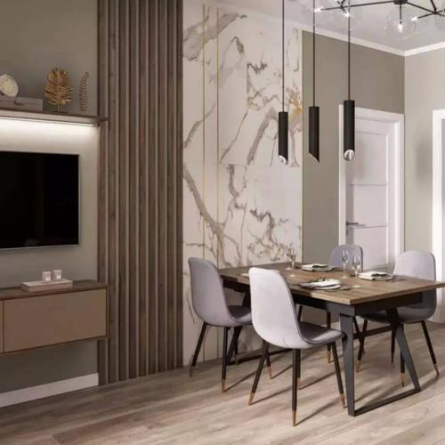 Лаконичное пространство кухни - гостиной площадью 17 кв. 01