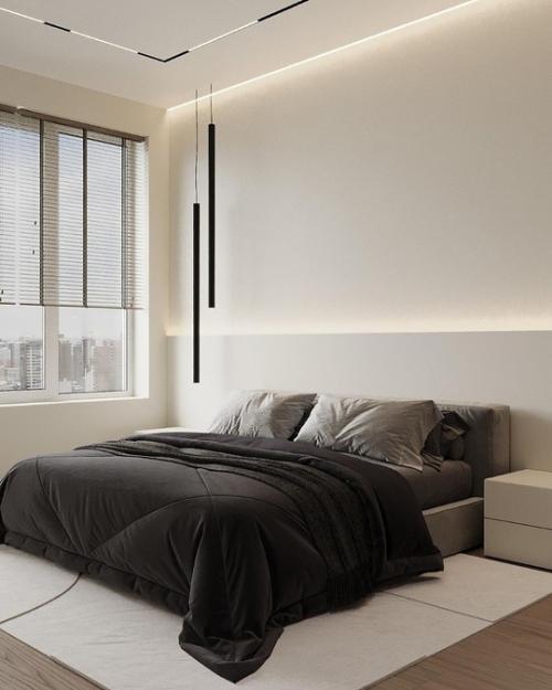 Современная спальня выполнена в стиле минимализма, где каждая деталь продумана для создания атмосферы спокойствия и уюта. 05