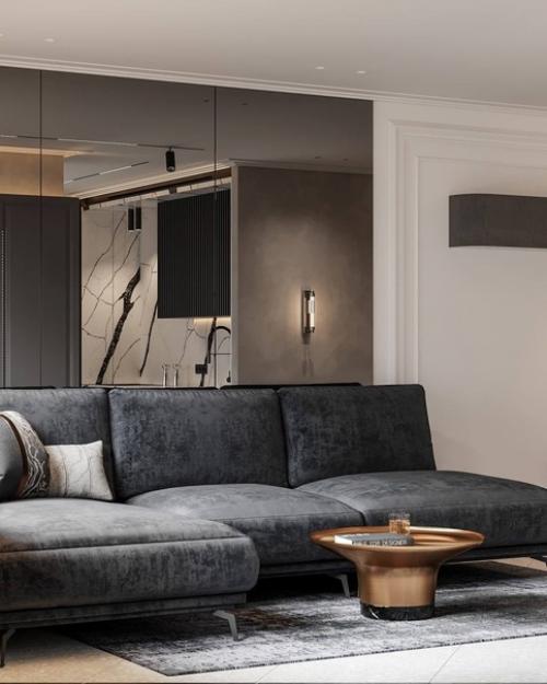 Кухня - гостиная с декоративной штукатуркой, имеет оригинальный дизайн и привлекательный внешний вид. 02