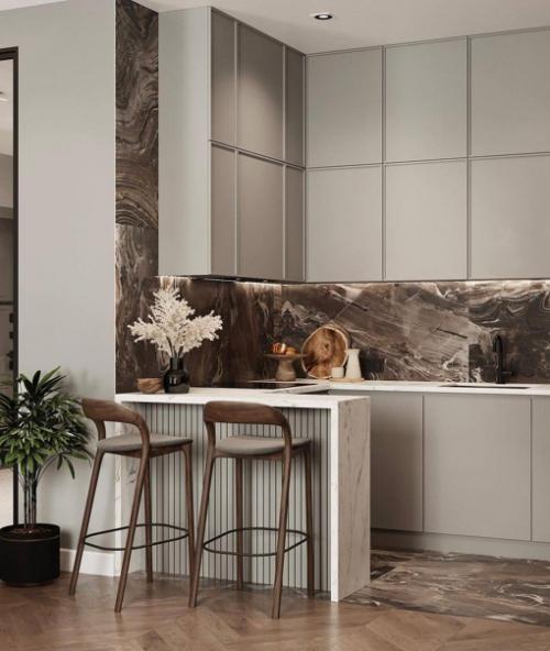 Модный терракотовый в дизайн - проекте кухни - гостиной. 06