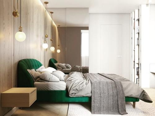 Дизайн спальни.  И конечно же, акцент из модного зеленого цвета. 02