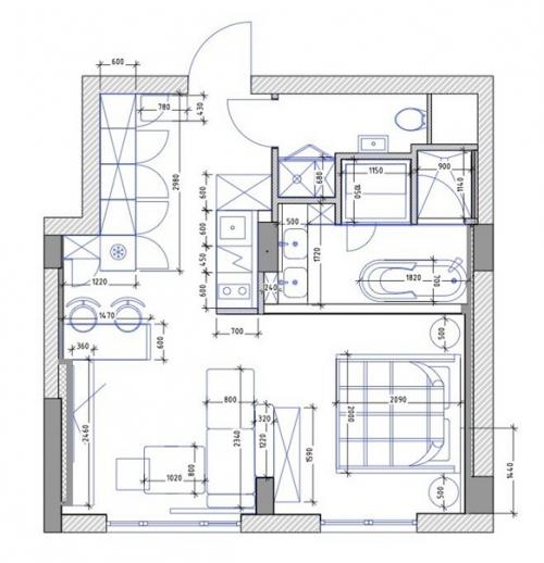 Современный интерьер квартиры 44 кв. 09