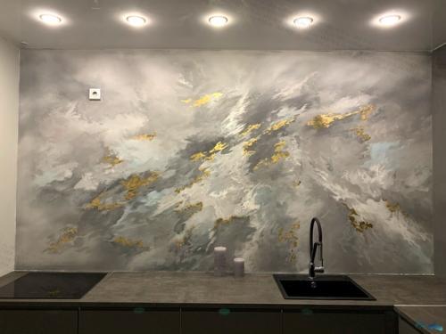 Современное решение для смелых людей абстрактный рисунок на кухонном фартуке, имитация акварельных разводов. 03
