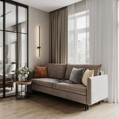 Проект квартиры площадью 40 квадратных метров, разработанный для современной девушки, - это уютное и элегантное пространство. 03