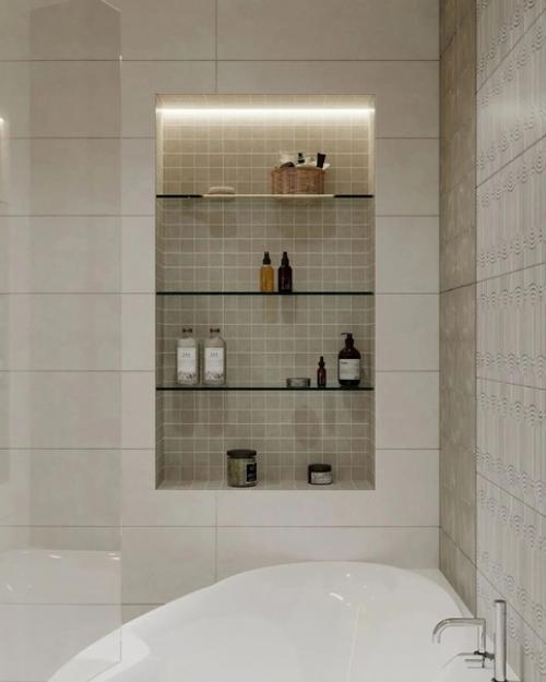 Оформление ванной комнаты в бежевом цвете классикой считается. 08