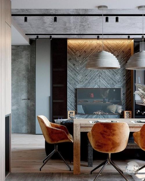 Брутальный интерьер кухни - гостиной для семейной пары. 04