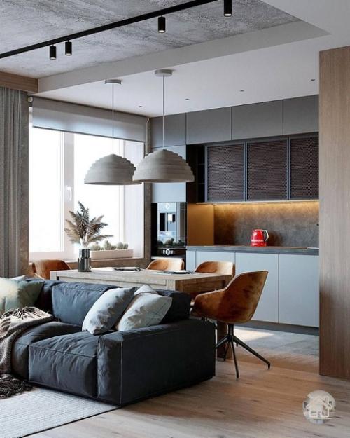 Брутальный интерьер кухни - гостиной для семейной пары. 03