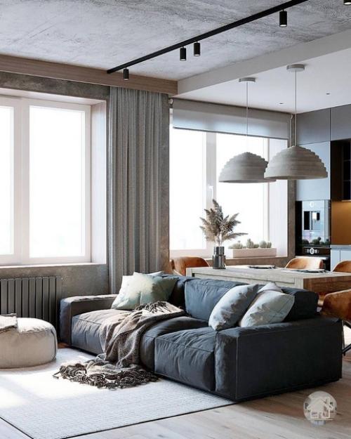 Брутальный интерьер кухни - гостиной для семейной пары. 01