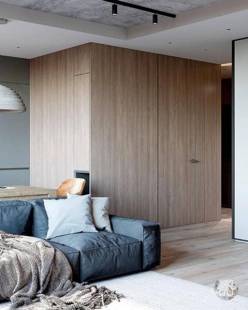 Брутальный интерьер кухни - гостиной для семейной пары. 08