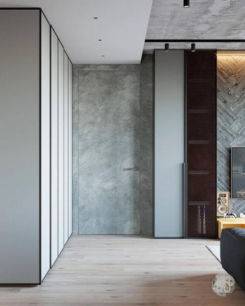 Брутальный интерьер кухни - гостиной для семейной пары. 06