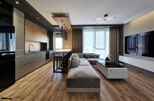 Крутой современный интерьер кухни - гостиной в квартире молодой и креативной семейной пары. 04