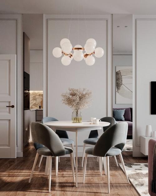 Современный, элегантный интерьер кухни - гостиной площадью 16 кв. 01