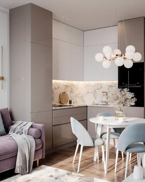 Современный, элегантный интерьер кухни - гостиной площадью 16 кв. 03