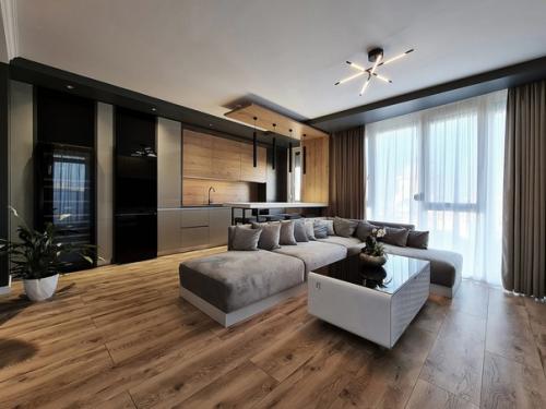 Крутой современный интерьер кухни - гостиной в квартире молодой и креативной семейной пары. 08