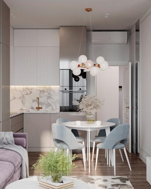 Современный, элегантный интерьер кухни - гостиной площадью 16 кв. 02