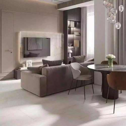 В интерьере этой кухни - гостиной тёплые спокойные тона, чёткие линии отделки и мебели. 06