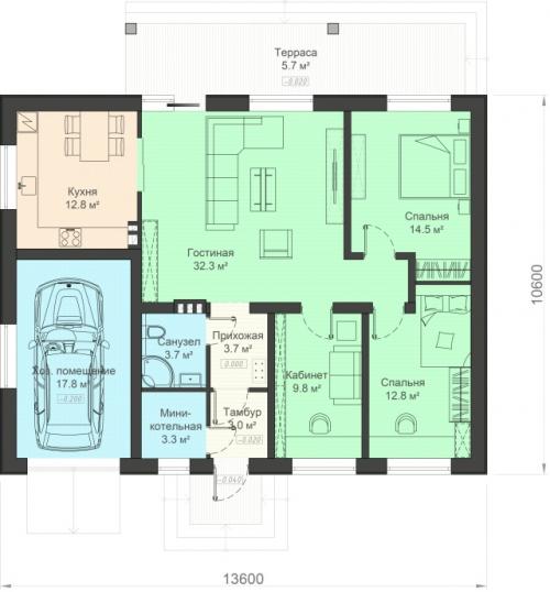 Планировка одноэтажного дома КО-153 от Студии Дизайна и Архитектуры ОООантэй. 03