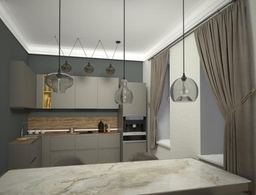 Гостиная, совмещённая с кухней для взрослой семейной пары в стиле американская неоклассика. 06