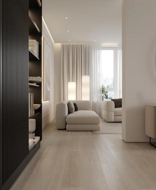 В этой небольшой гостиной важно было создать стильный интерьер с минимумом мебели и аксессуаров. 02