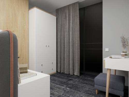 Интерьер спальни 21 м 2 в скандинавском стиле с яркими акцентами. 04