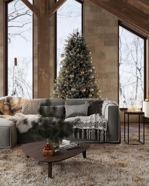 Настоящий новогодний уютный интерьер загородного дома. 01