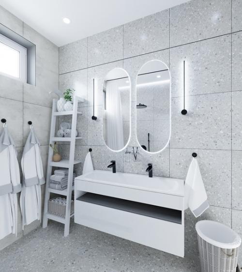 Ванная комната, оформленная в монохромных цветах, стала настоящим воплощением современного дизайна. 02