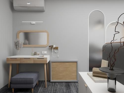 Интерьер спальни 21 м 2 в скандинавском стиле с яркими акцентами. 03