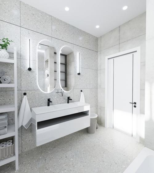 Ванная комната, оформленная в монохромных цветах, стала настоящим воплощением современного дизайна. 03