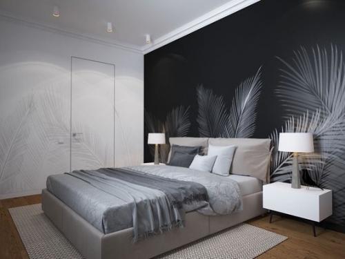 Оцените дизайн спальни с черной стеной в изголовье. 04