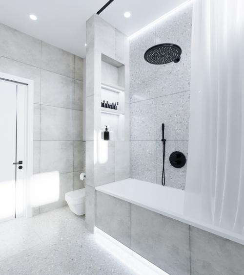 Ванная комната, оформленная в монохромных цветах, стала настоящим воплощением современного дизайна. 01