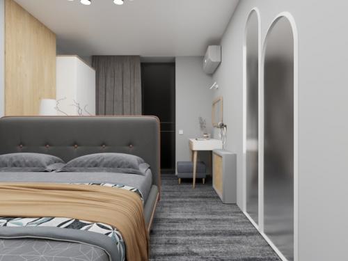 Интерьер спальни 21 м 2 в скандинавском стиле с яркими акцентами. 02