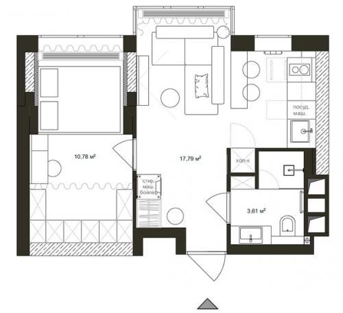 Дизайн интерьера кухни/гостиной в однокомнатной квартире для молодой девушки. 09