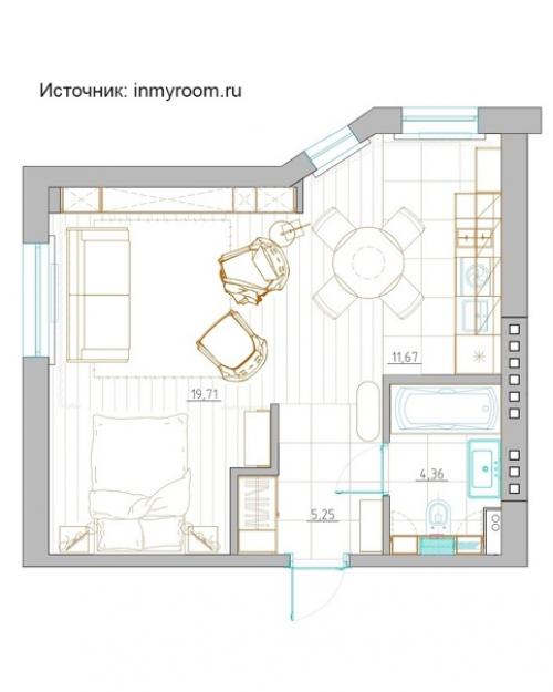 Чтобы увеличить пространство, в этой однокомнатной квартире демонтировали все перегородки и превратили ее в студию. 08