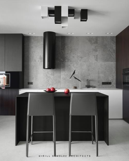 Стильная квартира, площадью 110 квадратных метров в монохромной цветовой гамме с панорамным видом на город и эргономичной планировкой. 02