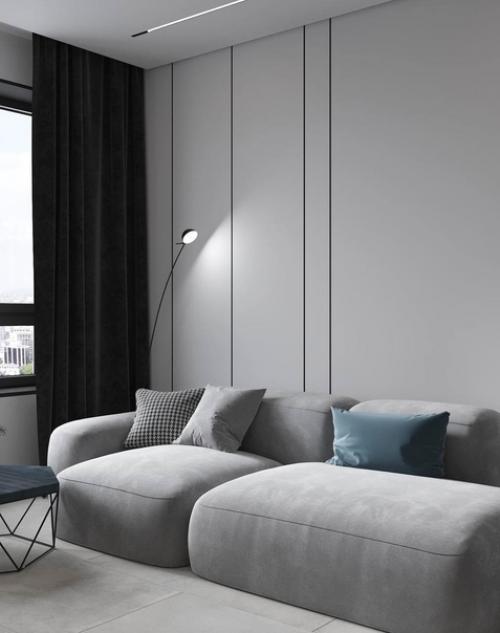 И ещё один вариант кухни - гостиной, но уже в монохромных тонах. 04