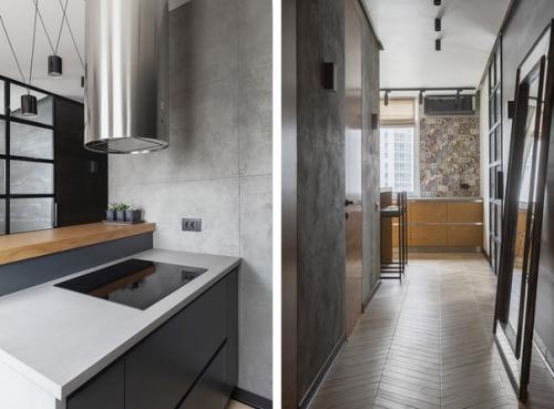 Интерьер с отсылками к стилю лофт и преобладанием черного цвета и бетона. 02